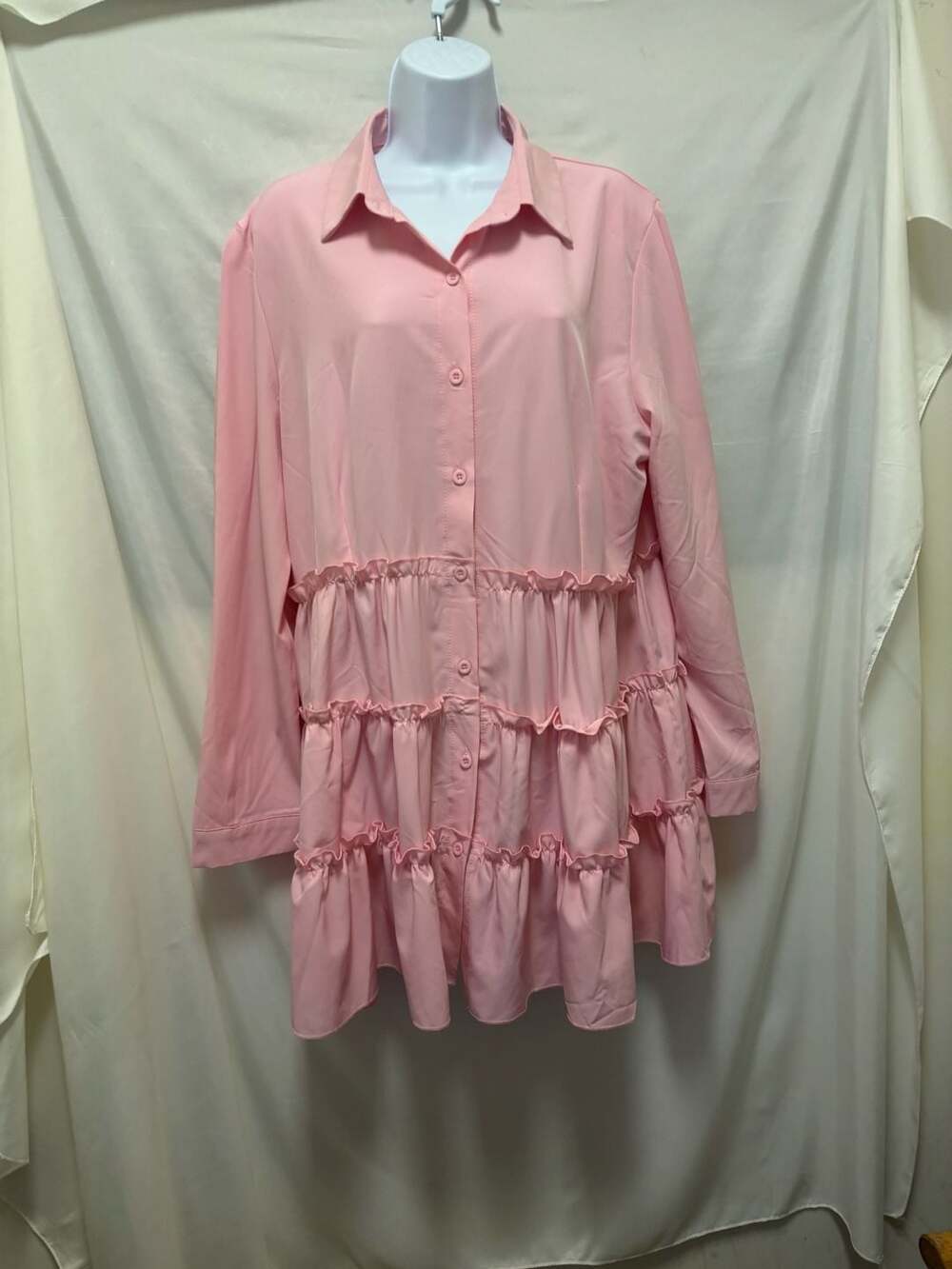 Pink Tiered Ruffle Button Front Shirt Dress- Size 2XL